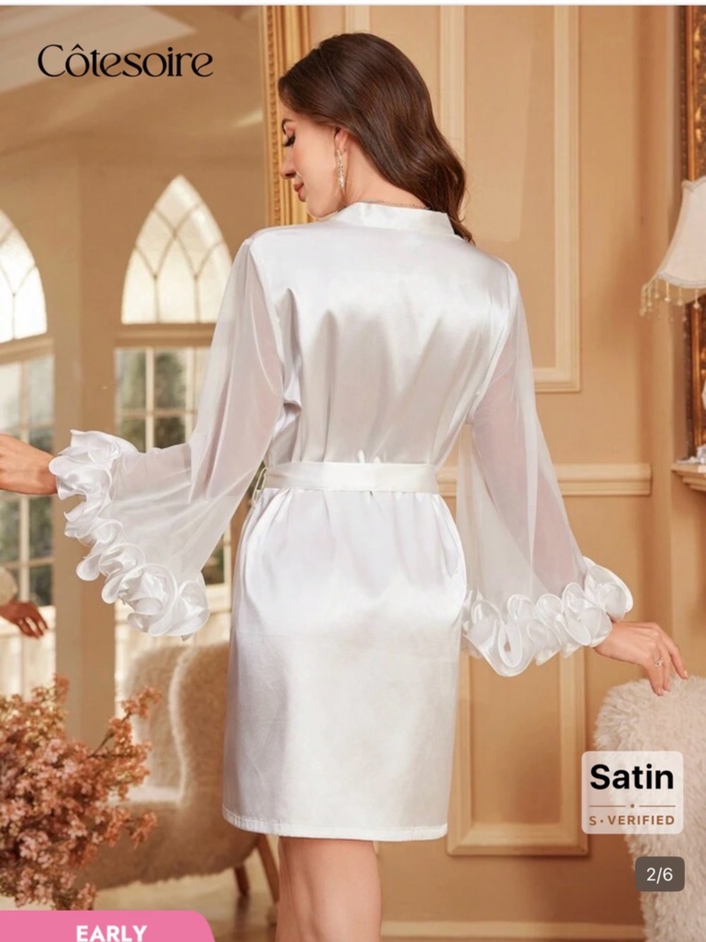 SHEIN Satin Ivory Sheer Wrap Robe with Ruffle Cuffs - Picture 2 of 3